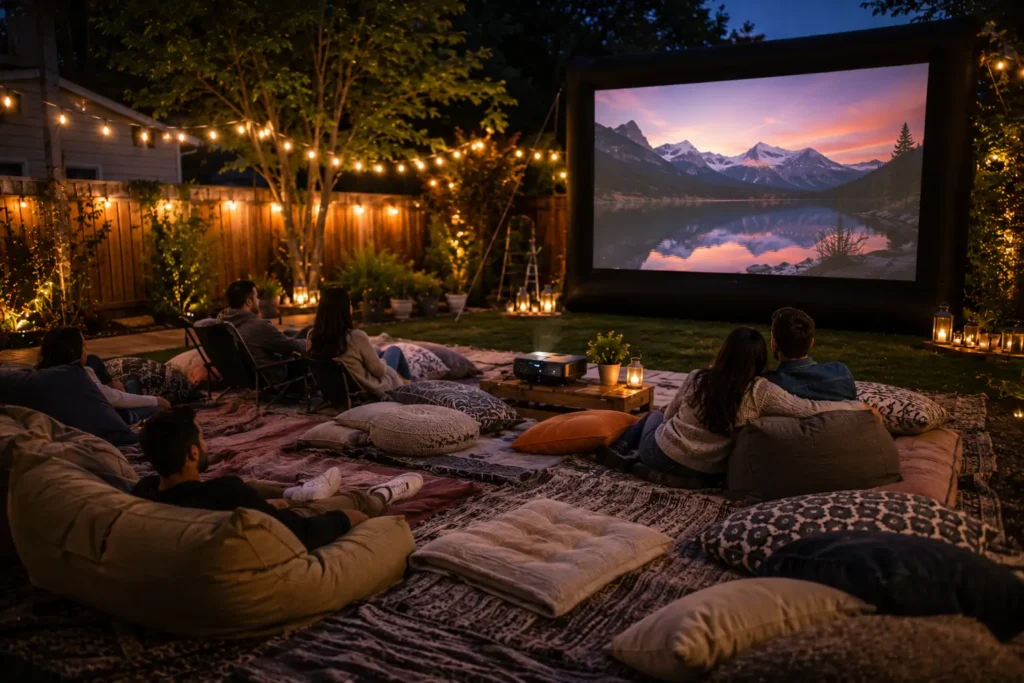 Cozy blanket and cushion seating area arranged for a backyard movie night