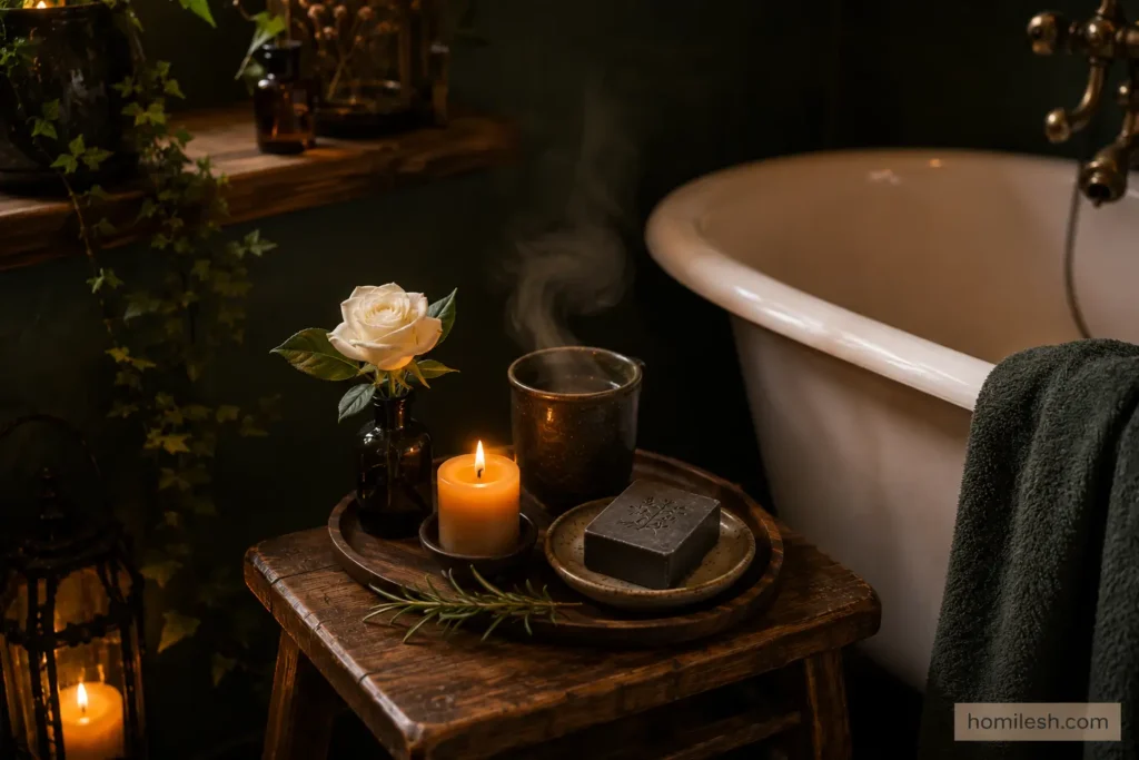 Dark cottagecore bathroom ideas with morning ritual corner featuring wooden stool, beeswax candle and botanical soap tray