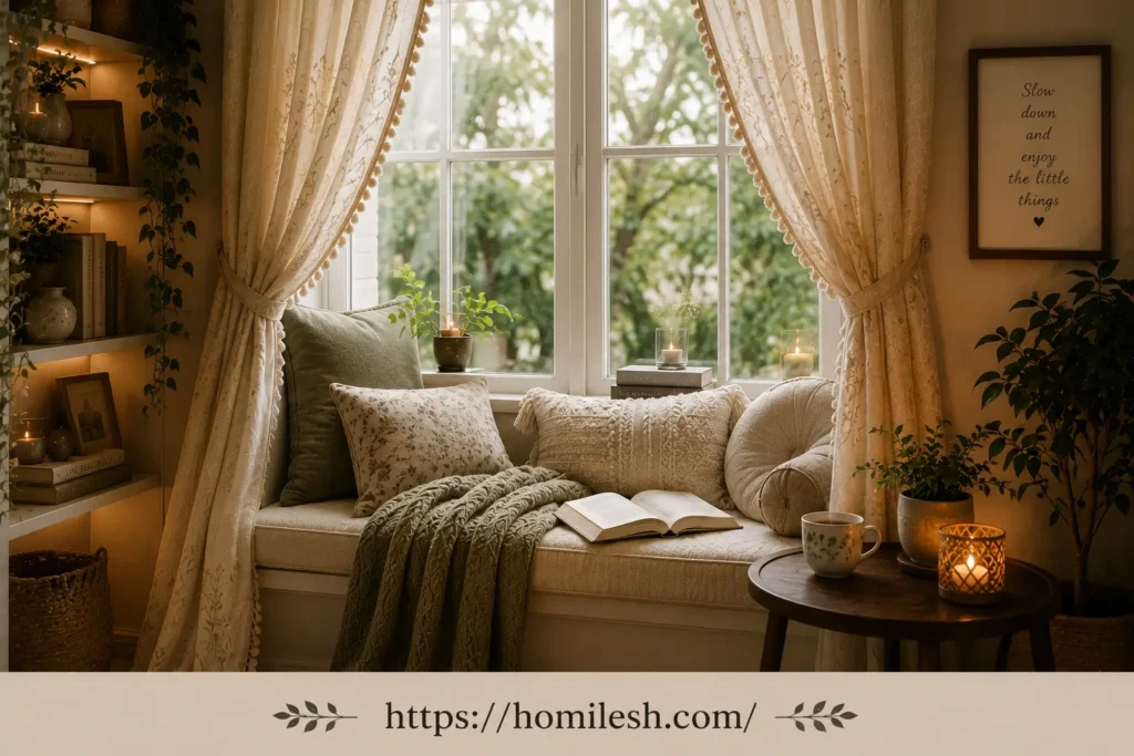 Curtain framed window closet reading nook with floor length curtain