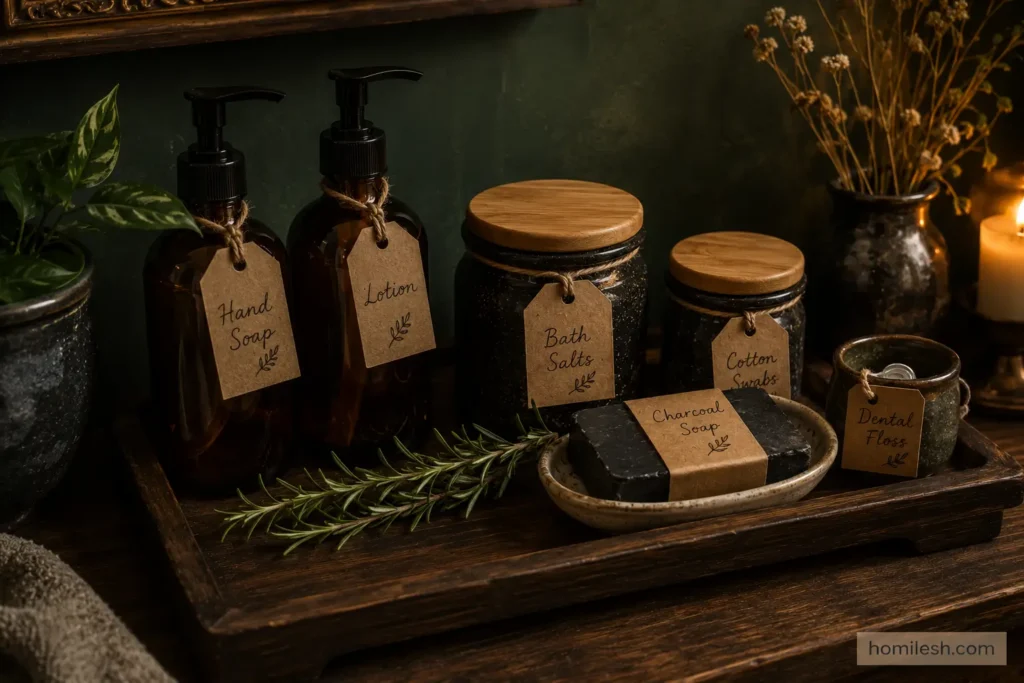 Dark cottagecore bathroom ideas with amber glass and dark ceramic product containers on bathroom vanity counter