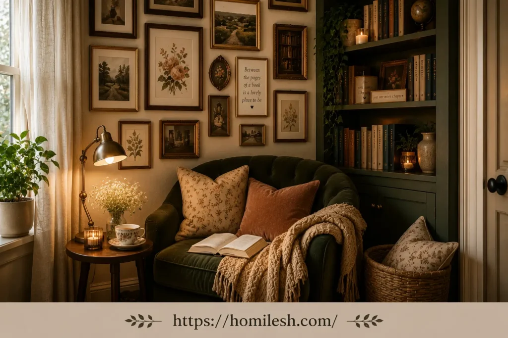 Gallery wall closet reading nook idea with framed literary prints
