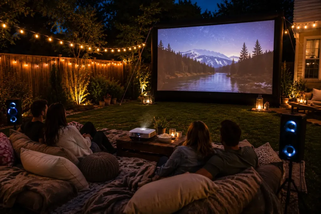 Bluetooth speaker placed near seating area for outdoor movie night sound