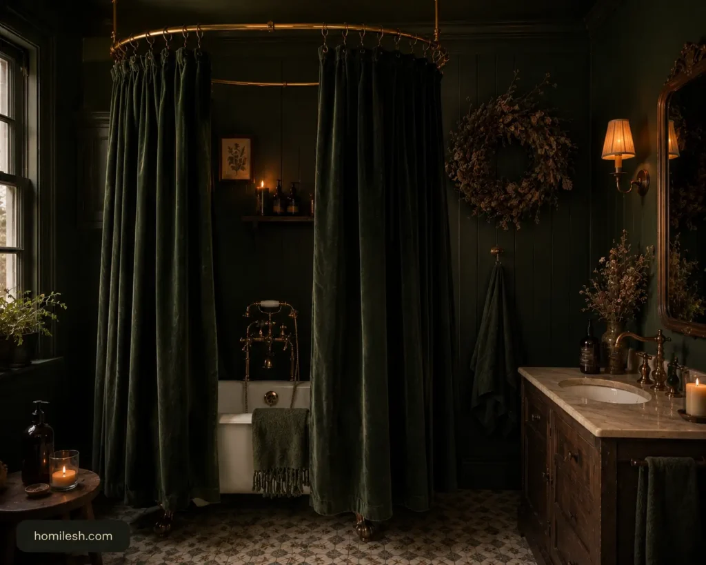 Dark cottagecore bathroom ideas with ceiling mounted circular shower curtain rod and deep green velvet curtains in moody style