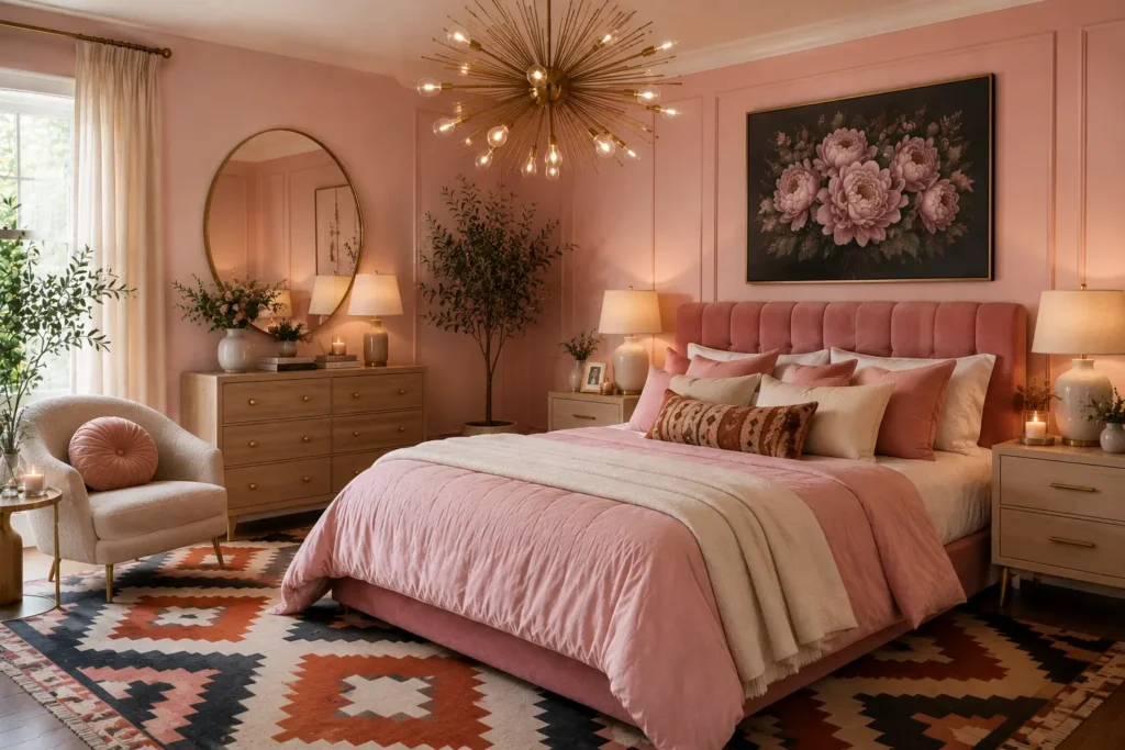 vintage pink bedroom ideas with statement black light fixture
