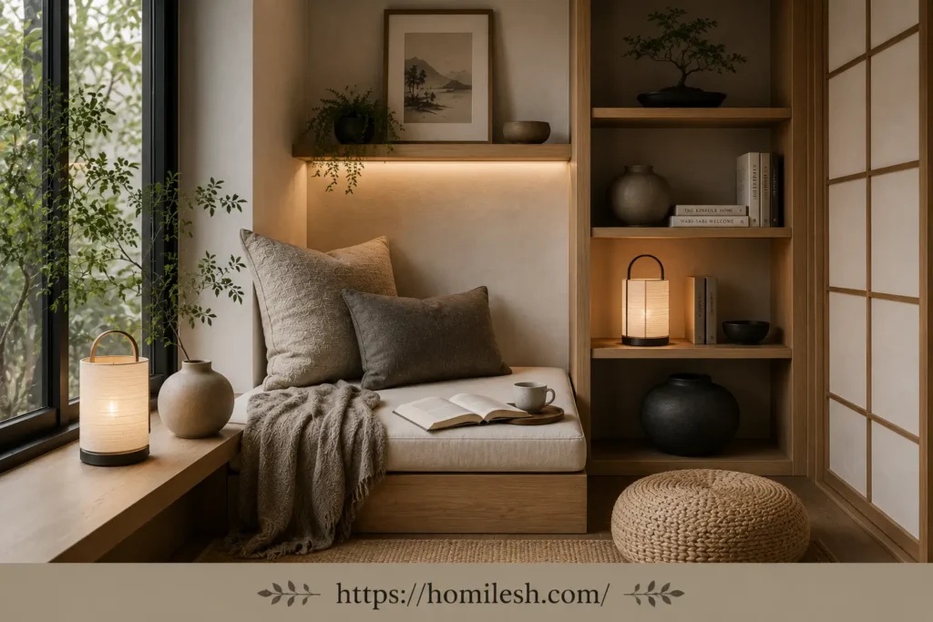 Japandi zen closet reading nook with tatami mat and low seat cushion