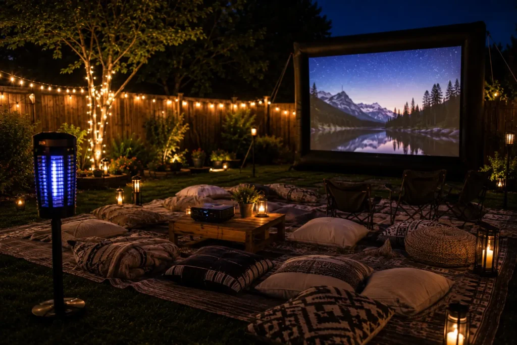 Citronella candles placed around backyard movie night seating area