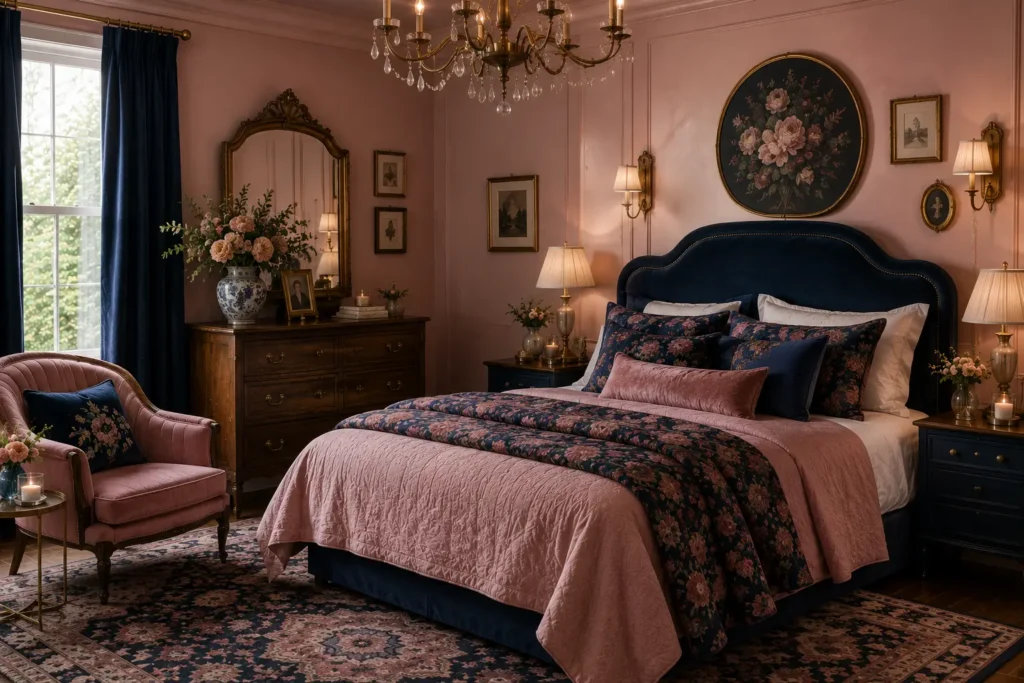 vintage pink bedroom ideas with navy blue textiles