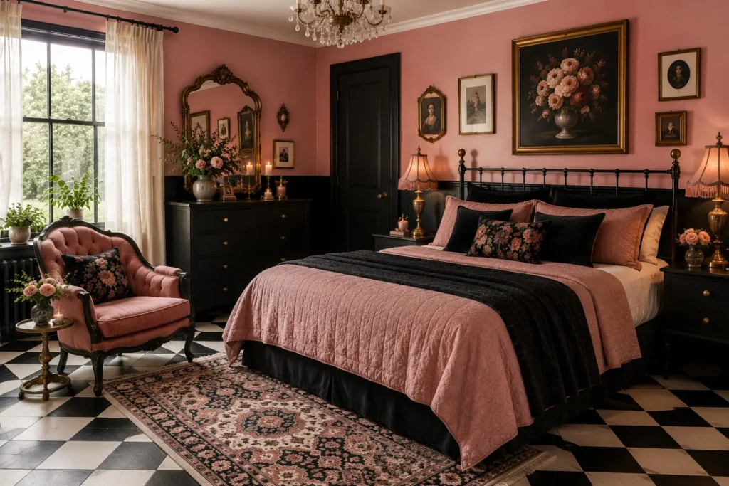 vintage pink bedroom ideas with black and white checkered floor