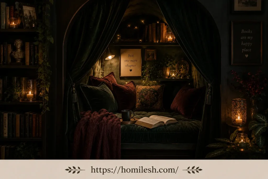 Moody velvet closet reading nook cave with emerald cushions and brass lamp
