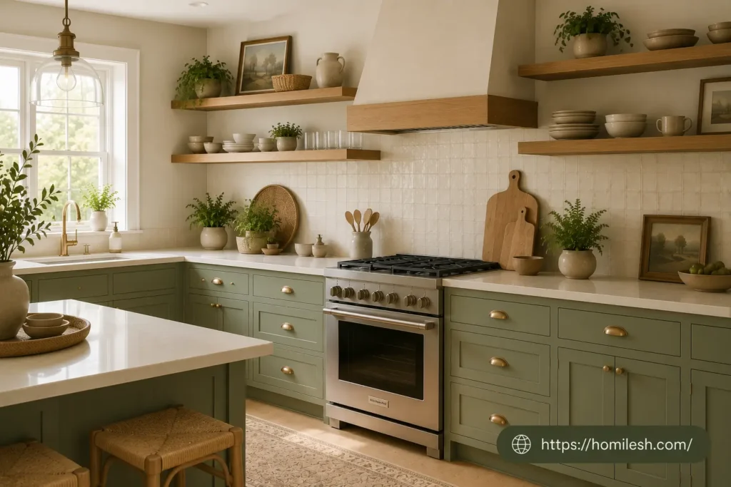 Sage green and cream kitchen ideas with sage green cabinets and cream linen Roman blinds on kitchen window