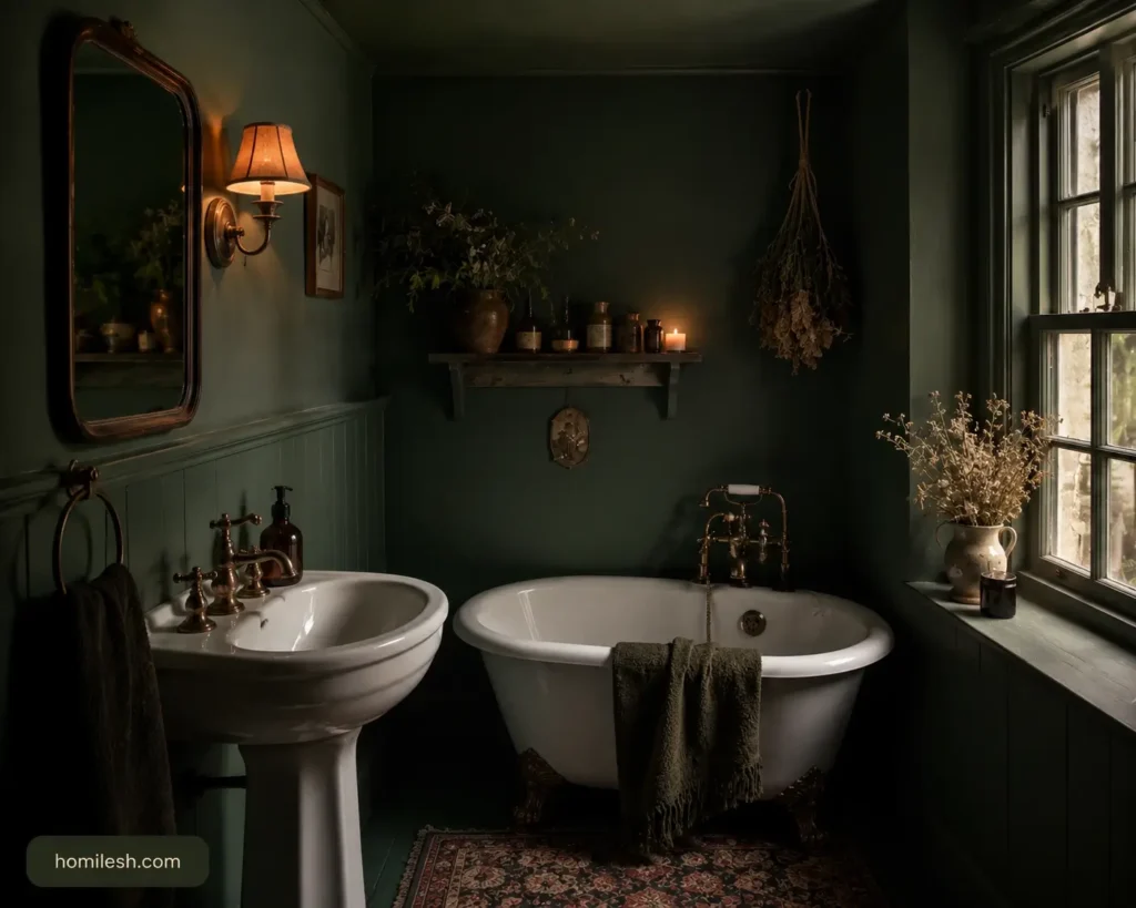 Dark cottagecore bathroom ideas with deep forest green walls and warm amber lighting in a moody romantic style