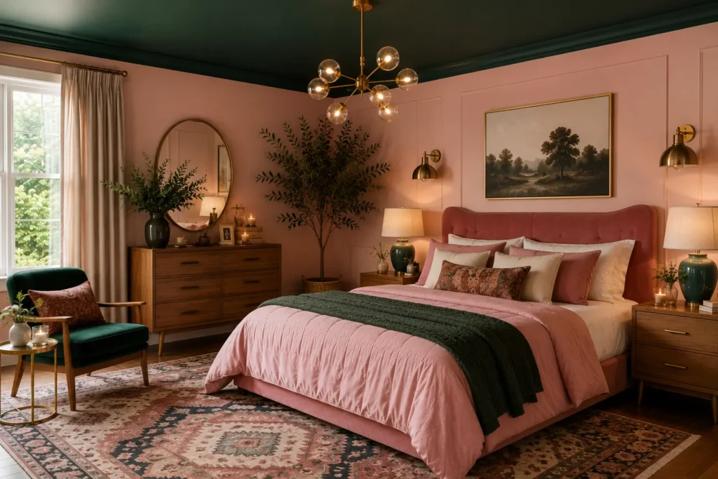 vintage pink bedroom ideas with bold painted ceiling