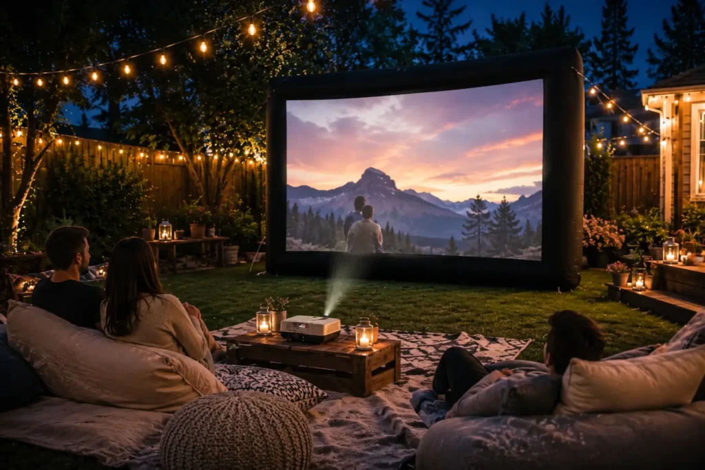 Inflatable projector screen set up in a backyard for movie night