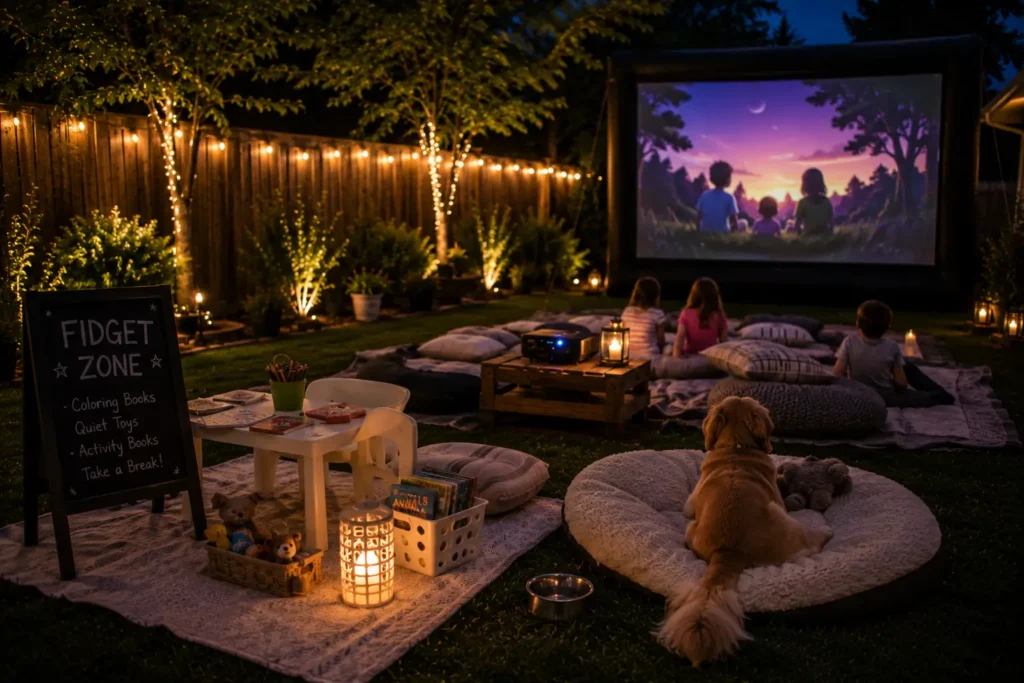 Kids' quiet activity corner set up near backyard movie night seating