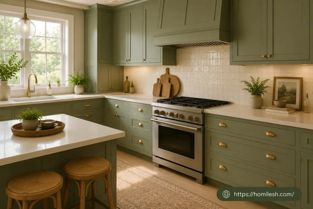 Sage green and cream kitchen ideas with warm oak open shelves above sage green cabinets styled with cream ceramics