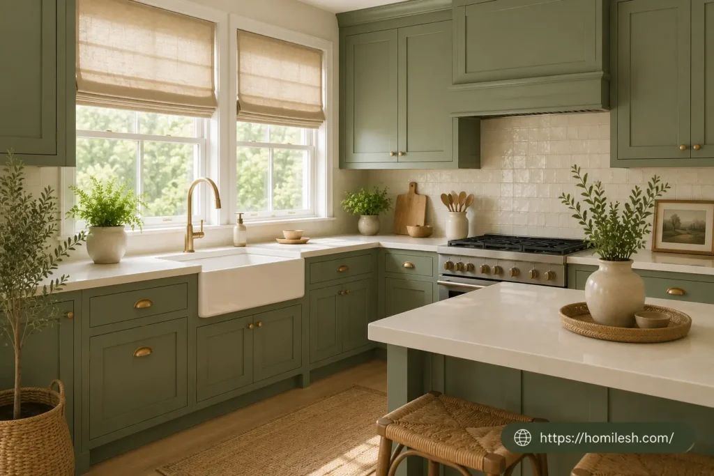 Sage green and cream kitchen ideas with sage green walls and cream cabinets in a warm farmhouse kitchen