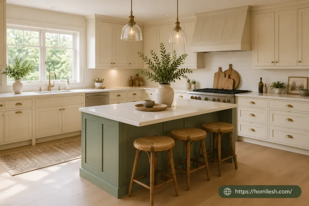 Sage green and cream kitchen ideas with sage green painted island and cream perimeter cabinets