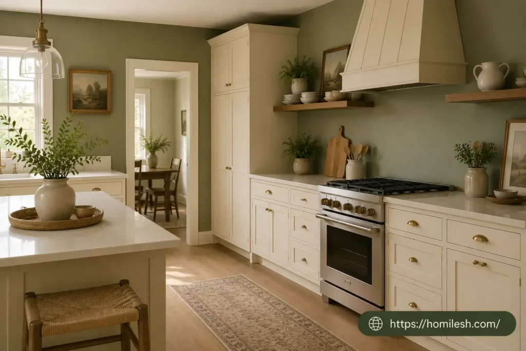 Sage green and cream kitchen ideas with sage green walls and cream cabinets in a warm farmhouse kitchen