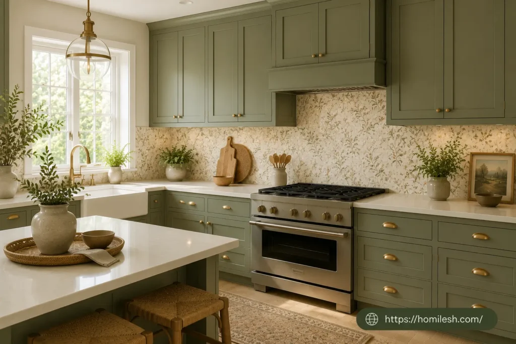 Sage green and cream kitchen ideas with sage cabinets cream marble countertops and unlacquered brass hardware