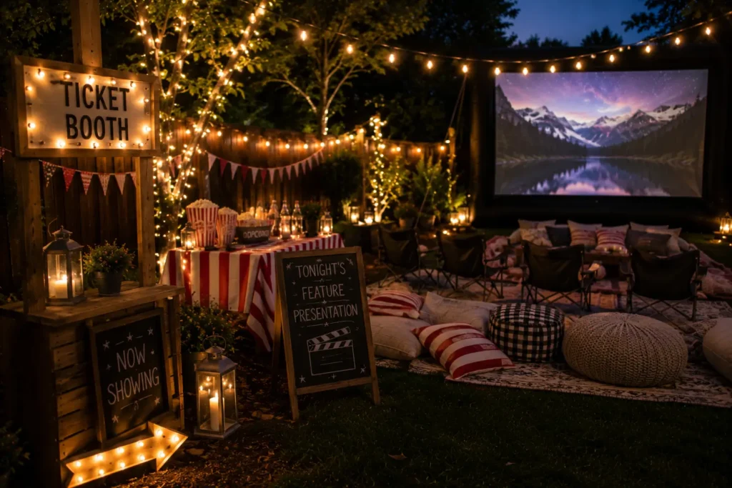 DIY ticket booth sign and decor at a backyard movie night party entrance