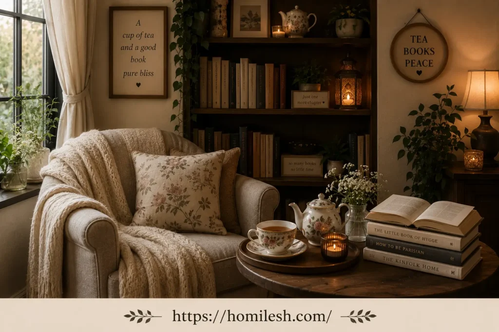 Tea and book corner reading nook idea with two tier cart