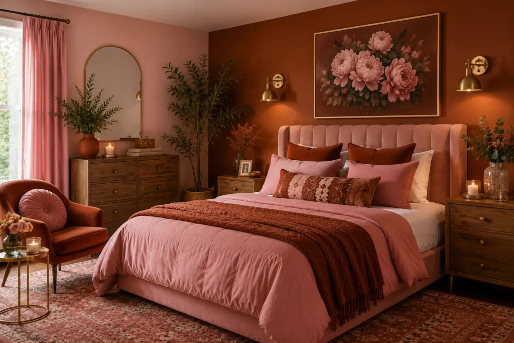 vintage pink bedroom ideas paired with rust orange decor