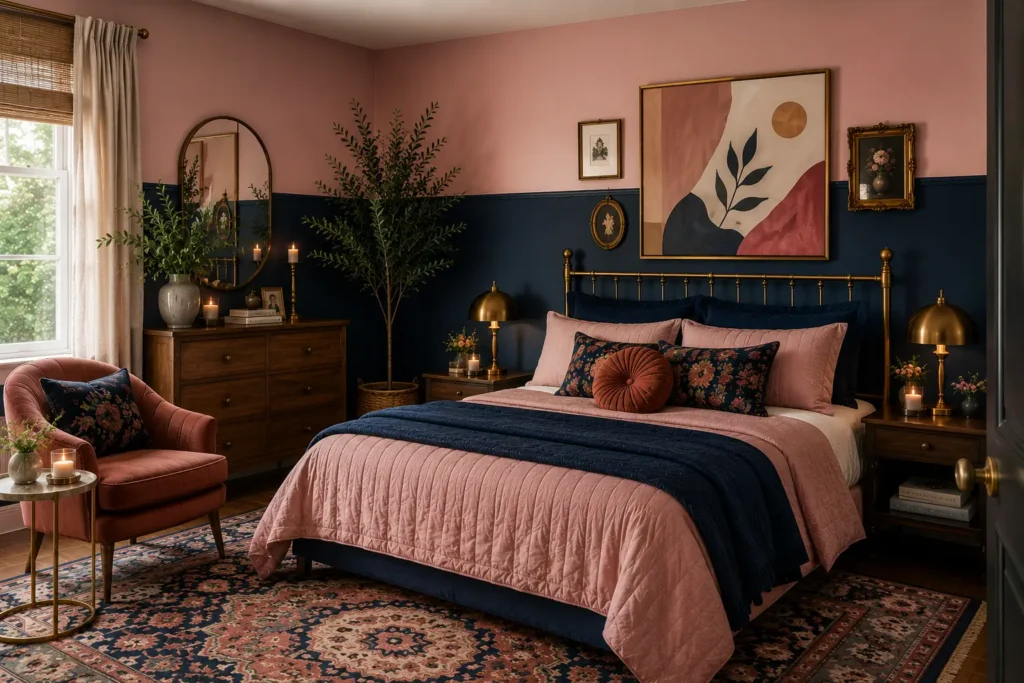 vintage pink bedroom ideas with two tone painted wall