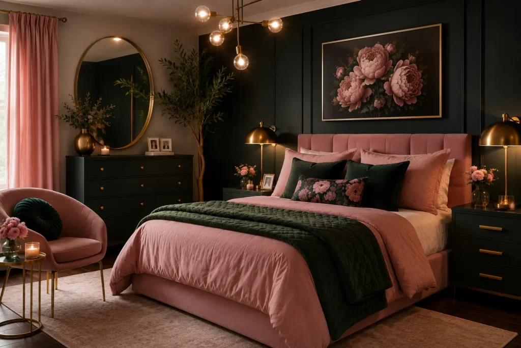 vintage pink bedroom ideas with brass drawer hardware