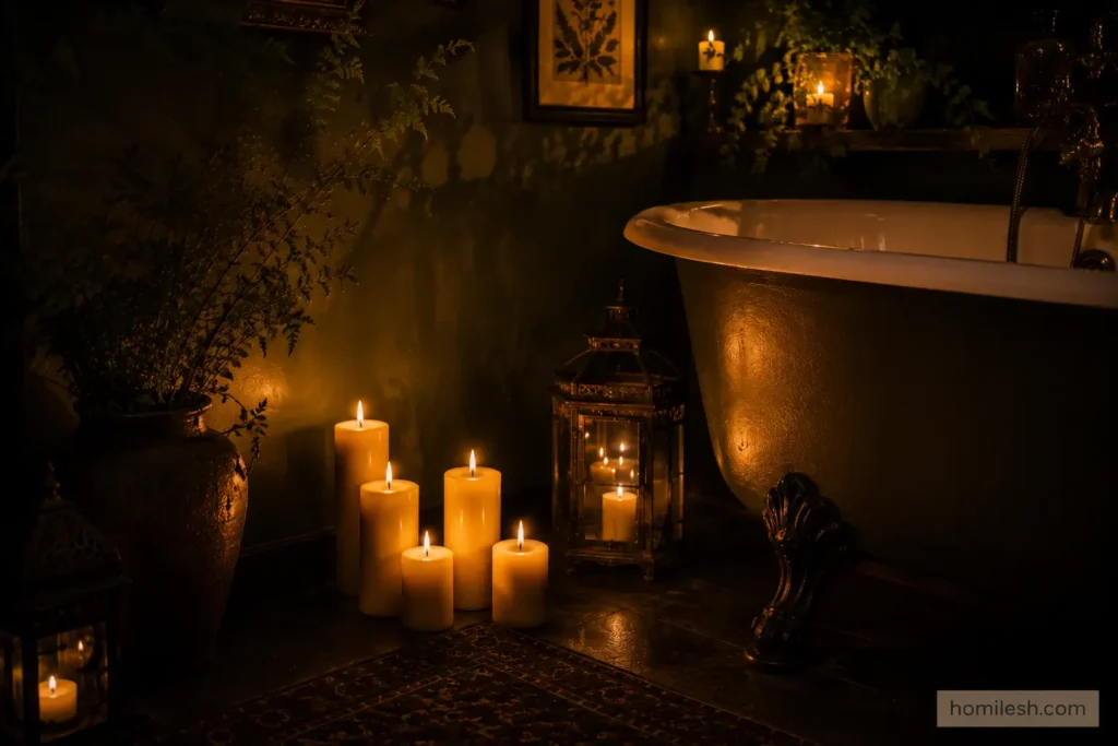 Dark cottagecore bathroom ideas with beeswax pillar candles grouped beside bathtub creating moody candlelight atmosphere