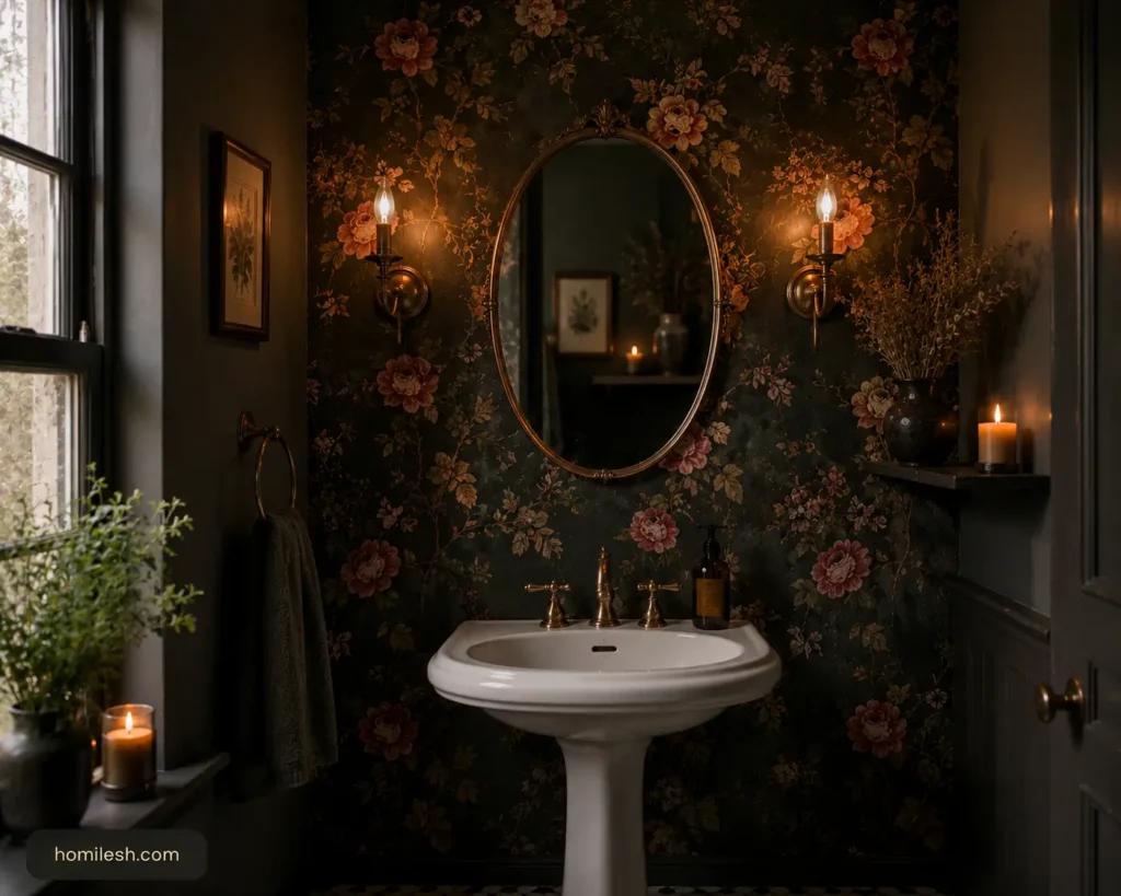 Dark cottagecore bathroom ideas with dark floral wallpaper accent wall featuring climbing roses on deep green background
