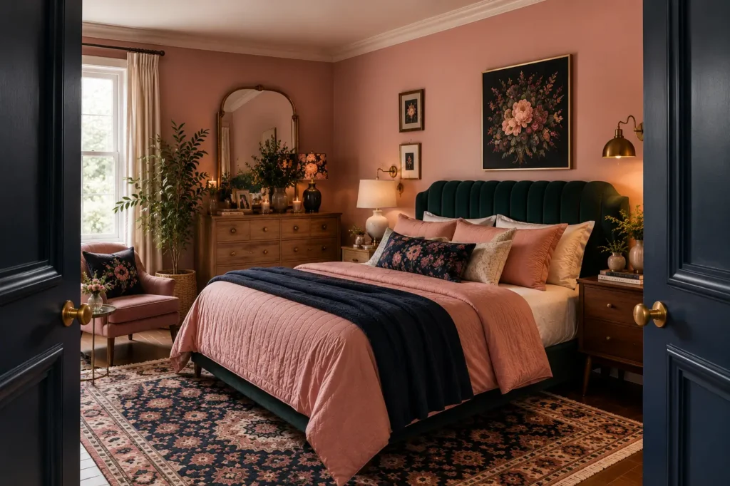 vintage pink bedroom ideas with bold colored bedroom door