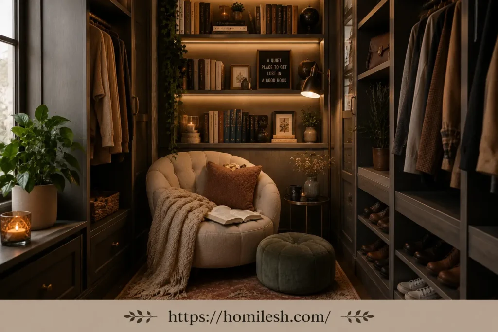 Walk in closet mini library reading nook with floor to ceiling shelving
