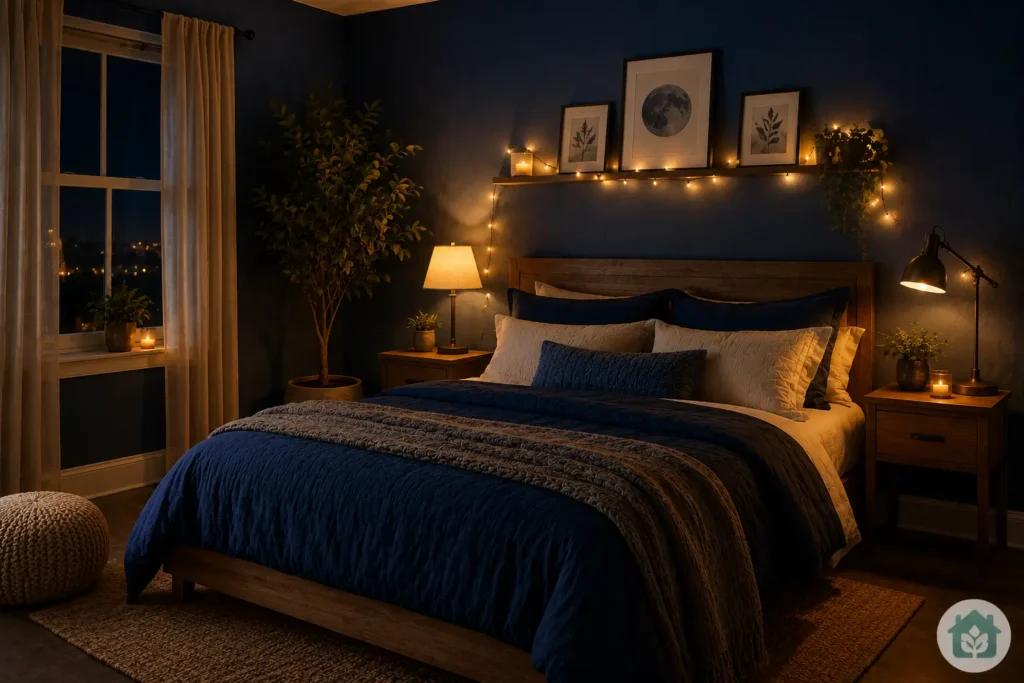 moody blue bedroom ideas warm lamp lighting