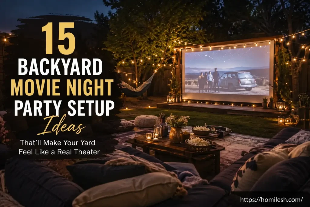 backyard movie night ideas with string lights and inflatable screen