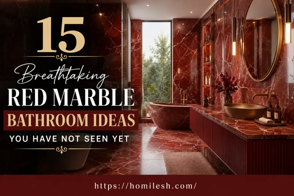 red marble bathroom ideas collage showing vanity, shower niche, and accent wall