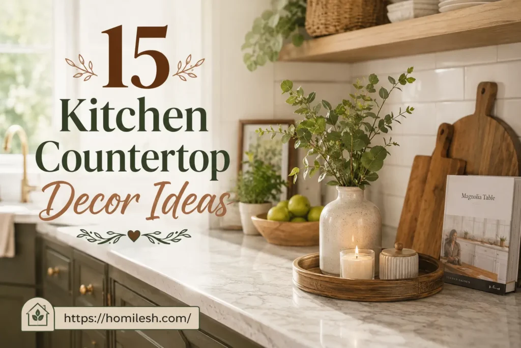 Kitchen countertop decor ideas showing styled tray, ceramic canisters, and small plant