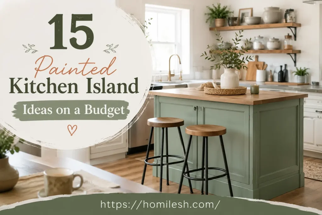 Painted kitchen island ideas on a budget shown with a sage green island against white cabinets