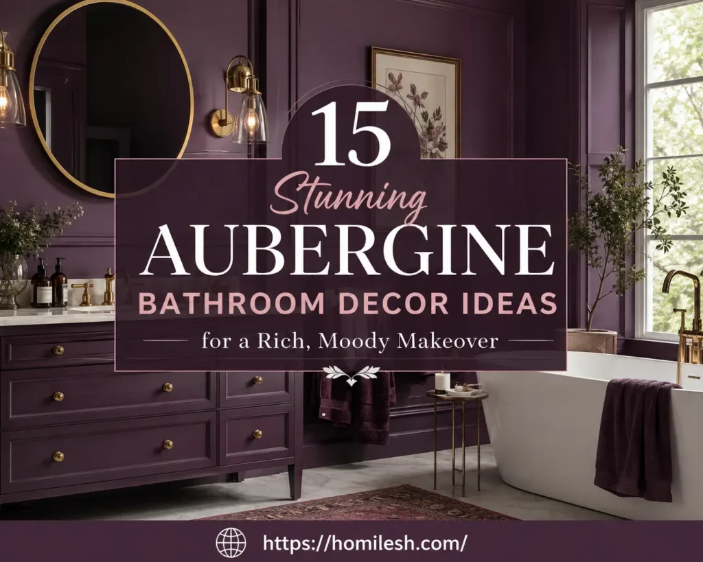 Aubergine bathroom decor ideas showing a deep purple accent wall with brass fixtures and white vanity