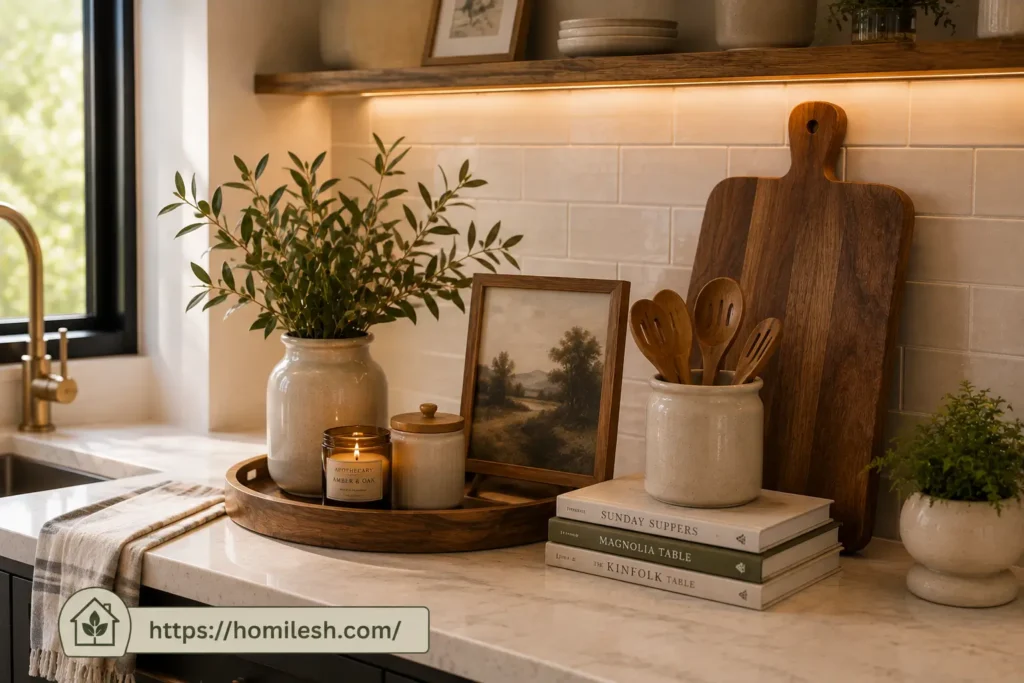 Wooden cutting board leaning against kitchen backsplash for decor