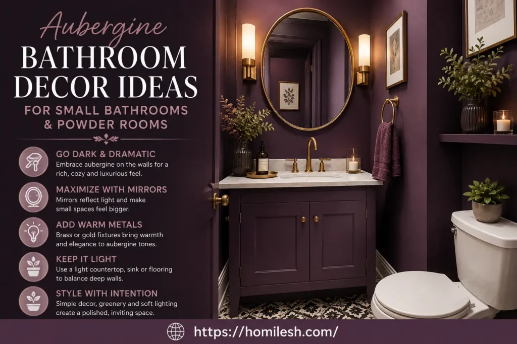 Small powder room with aubergine painted vanity and brass framed mirror