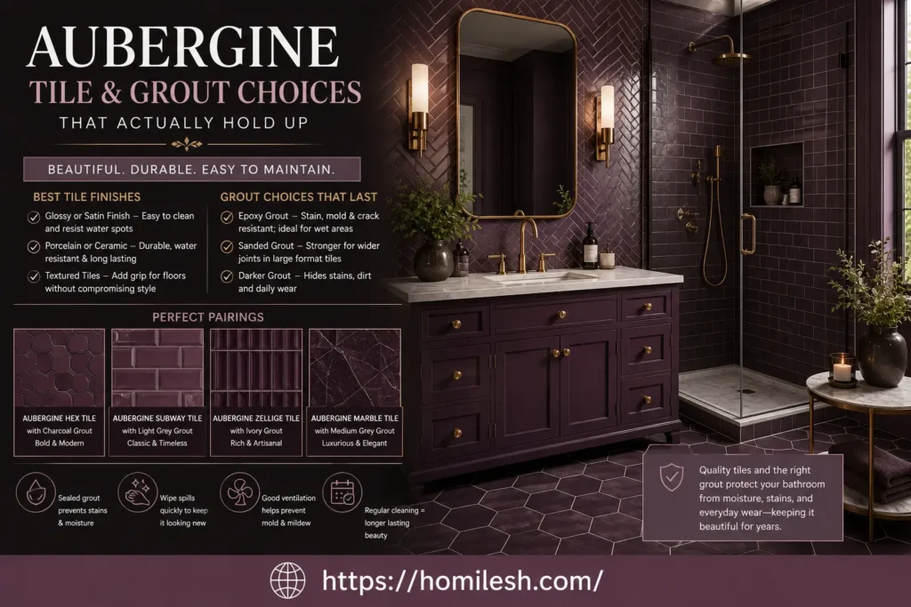 Close up of aubergine subway tile shower wall with dark charcoal grout lines