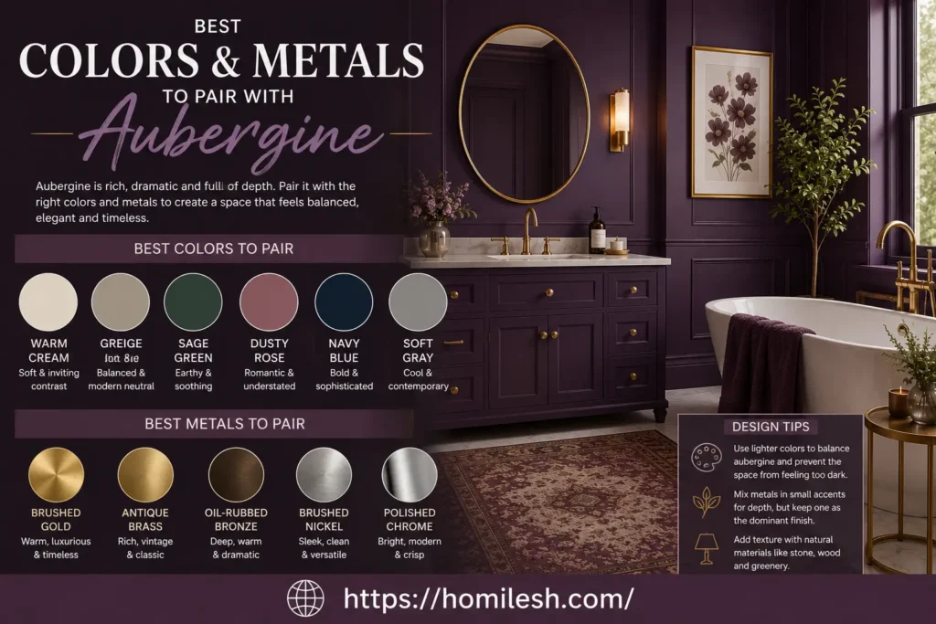 Aubergine bathroom accessories styled with sage green, brass, and blush pink accents