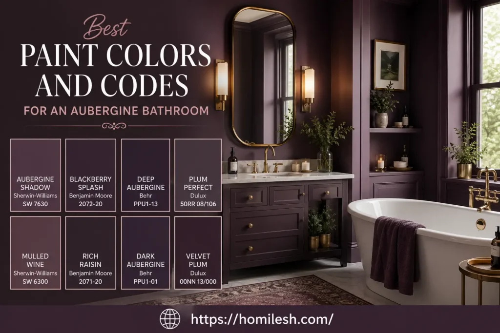 Aubergine paint swatches including Farrow and Ball Brinjal and Sherwin Williams Exclusive Plum for bathroom walls