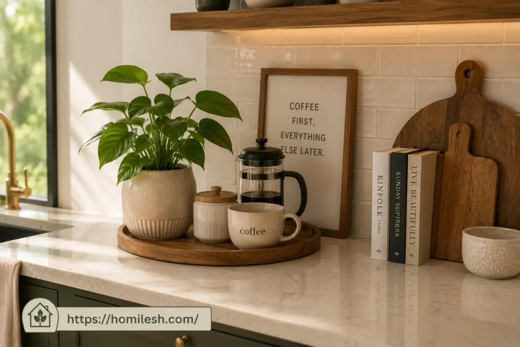 Small potted herb plant styled on modern kitchen countertop
