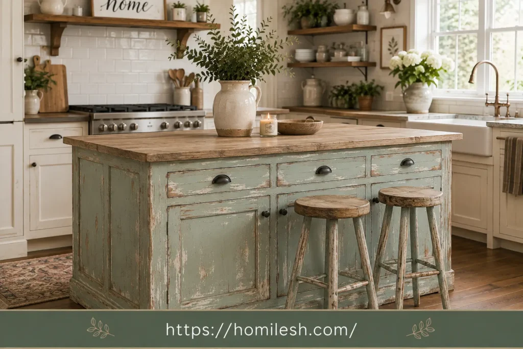 Distressed chalk paint kitchen island in a vintage finish