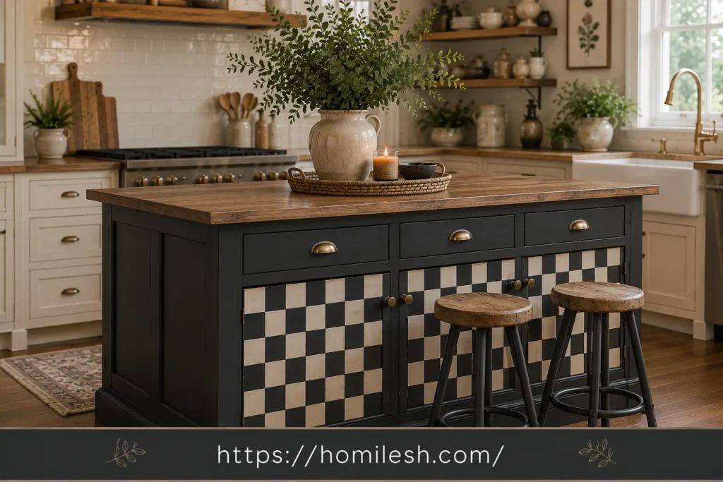 Checkerboard pattern painted on a kitchen island base panel