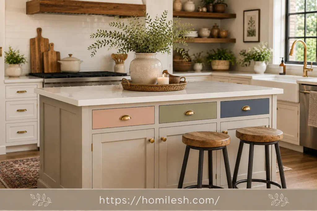 Kitchen island with color blocked painted drawer fronts