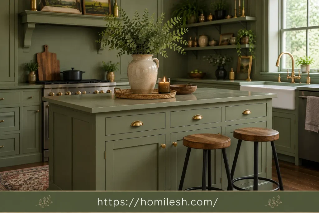 Kitchen island painted the same color as the walls