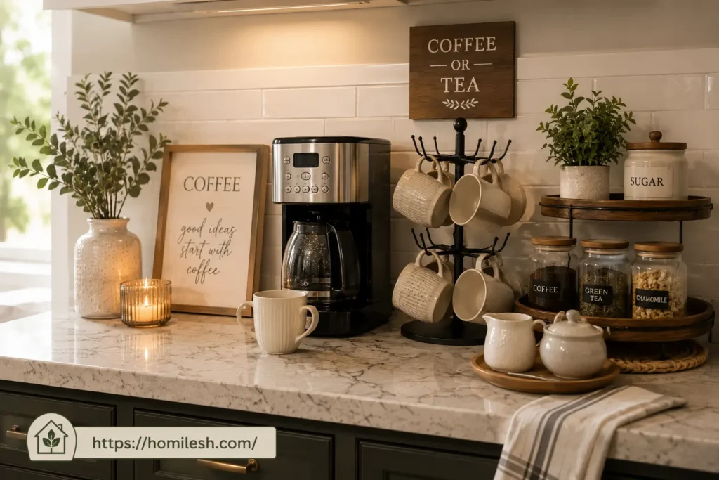Farmhouse coffee station on kitchen counter with matching mugs and canister