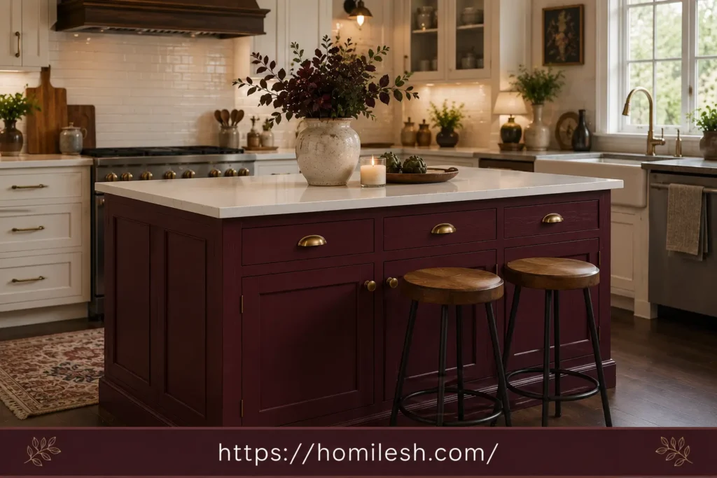 Deep burgundy painted kitchen island with black hardware